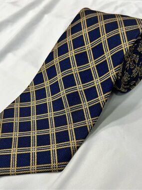 Lands’‎ End Mens 58” Necktie 100% Silk Navy Blue Gold White Plaid Check
